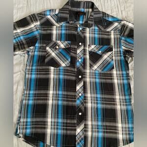 EUC Studio 10 Blk Blue White Gray Plaid Pearl Snap SS Shirt Size Medium
